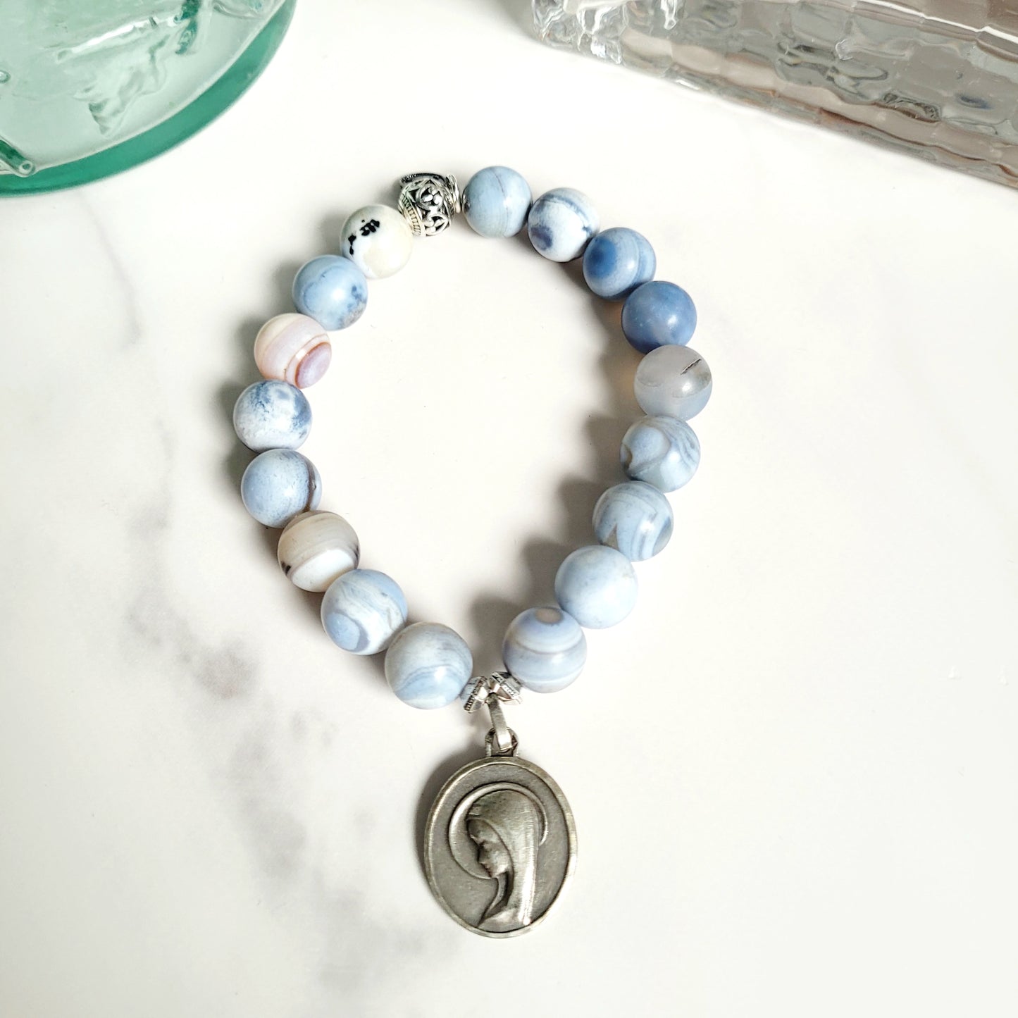 Storm Line Agate Light Matte 10mm Beaded Bracelet w/ Signed Silver Plated Medal of Our Lady of Lourdes