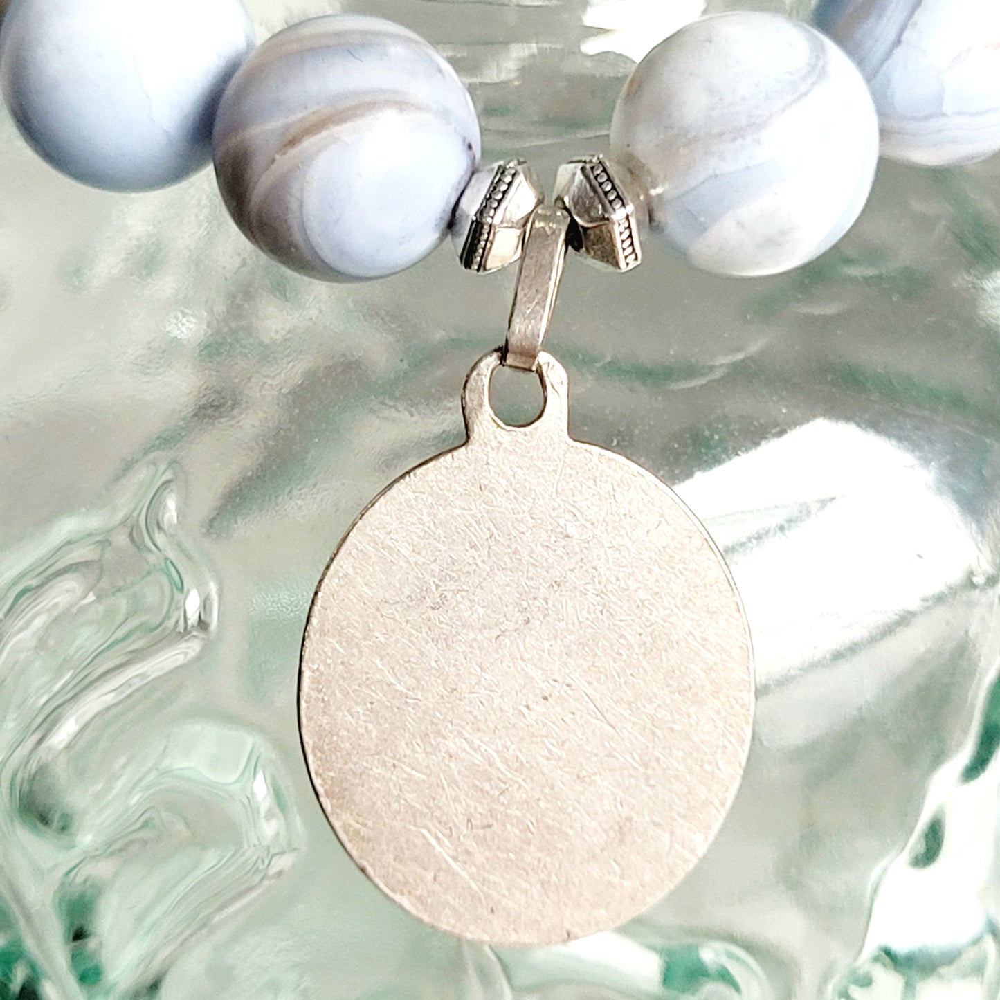 Storm Line Agate Light Matte 10mm Beaded Bracelet w/ Signed Silver Plated Medal of Our Lady of Lourdes