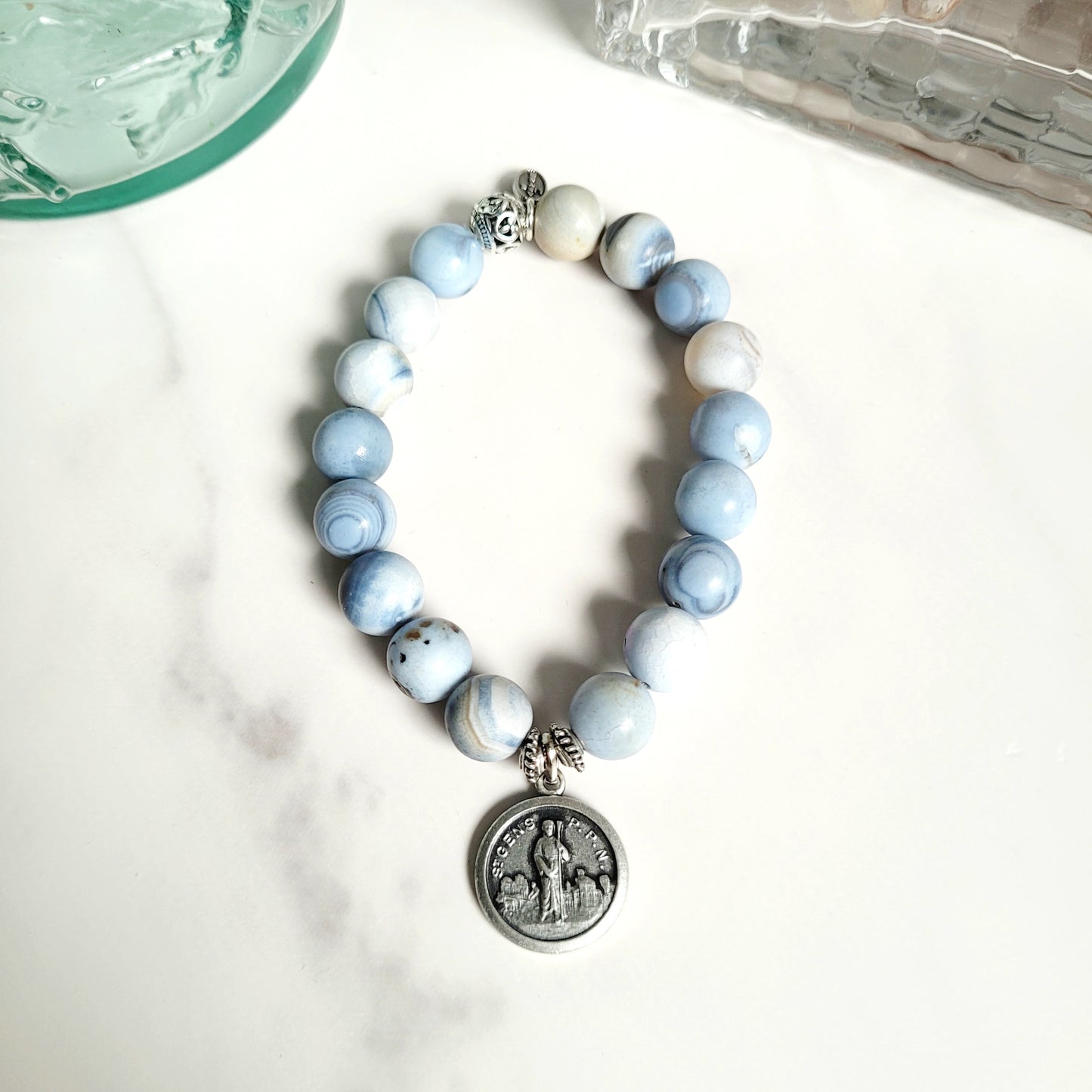 Storm Line Agate Light Matte 10mm Beaded Bracelet w/ Silver Medal of St. Gens