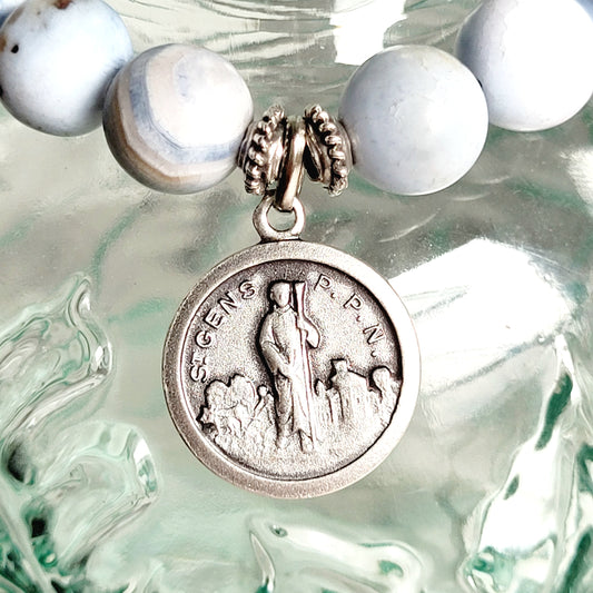 Storm Line Agate Light Matte 10mm Beaded Bracelet w/ Silver Medal of St. Gens