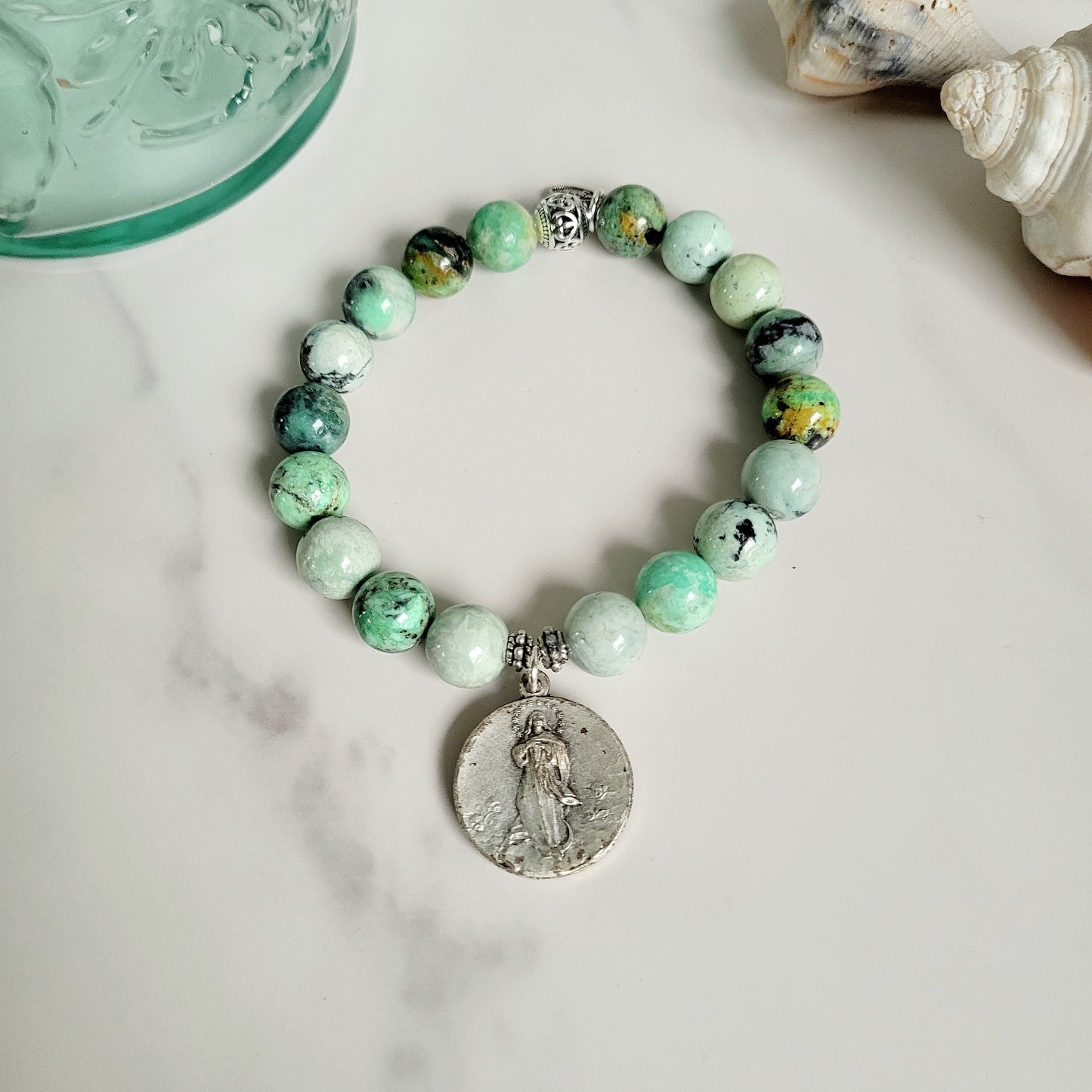 Grass Green Turquoise 10mm Beaded Bracelet w/ Silver Plated Medal featuring the Assumption of Mary / St. Pius X