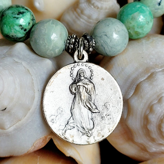Grass Green Turquoise 10mm Beaded Bracelet w/ Silver Plated Medal featuring the Assumption of Mary / St. Pius X