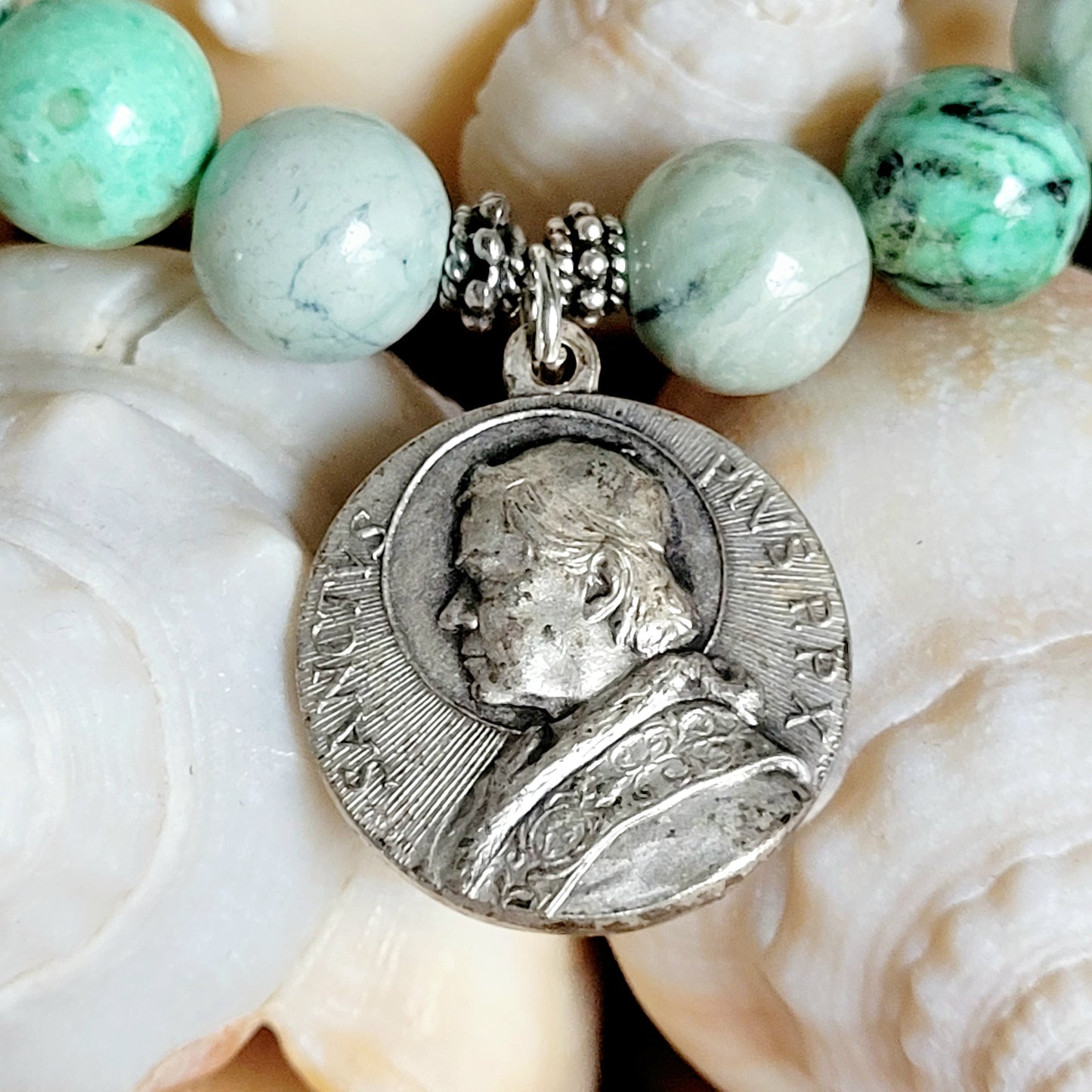 Grass Green Turquoise 10mm Beaded Bracelet w/ Silver Plated Medal featuring the Assumption of Mary / St. Pius X