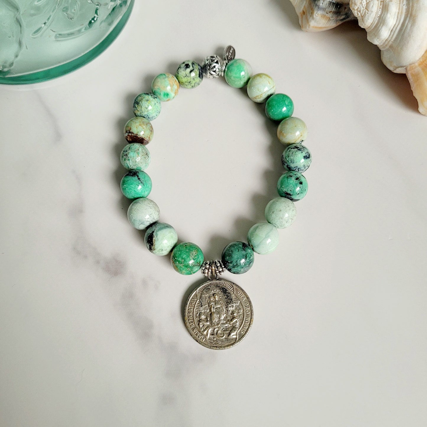 Grass Green Turquoise 10mm Beaded Bracelet w/ Silver Plated Medal of Maria Reparatrix from France