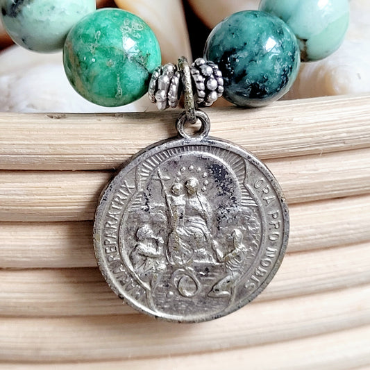 Grass Green Turquoise 10mm Beaded Bracelet w/ Silver Plated Medal of Maria Reparatrix from France