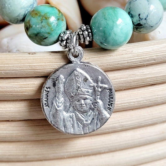 Grass Green Turquoise 10mm Beaded Bracelet w/ Silver Plated Medal of St. John Paul II