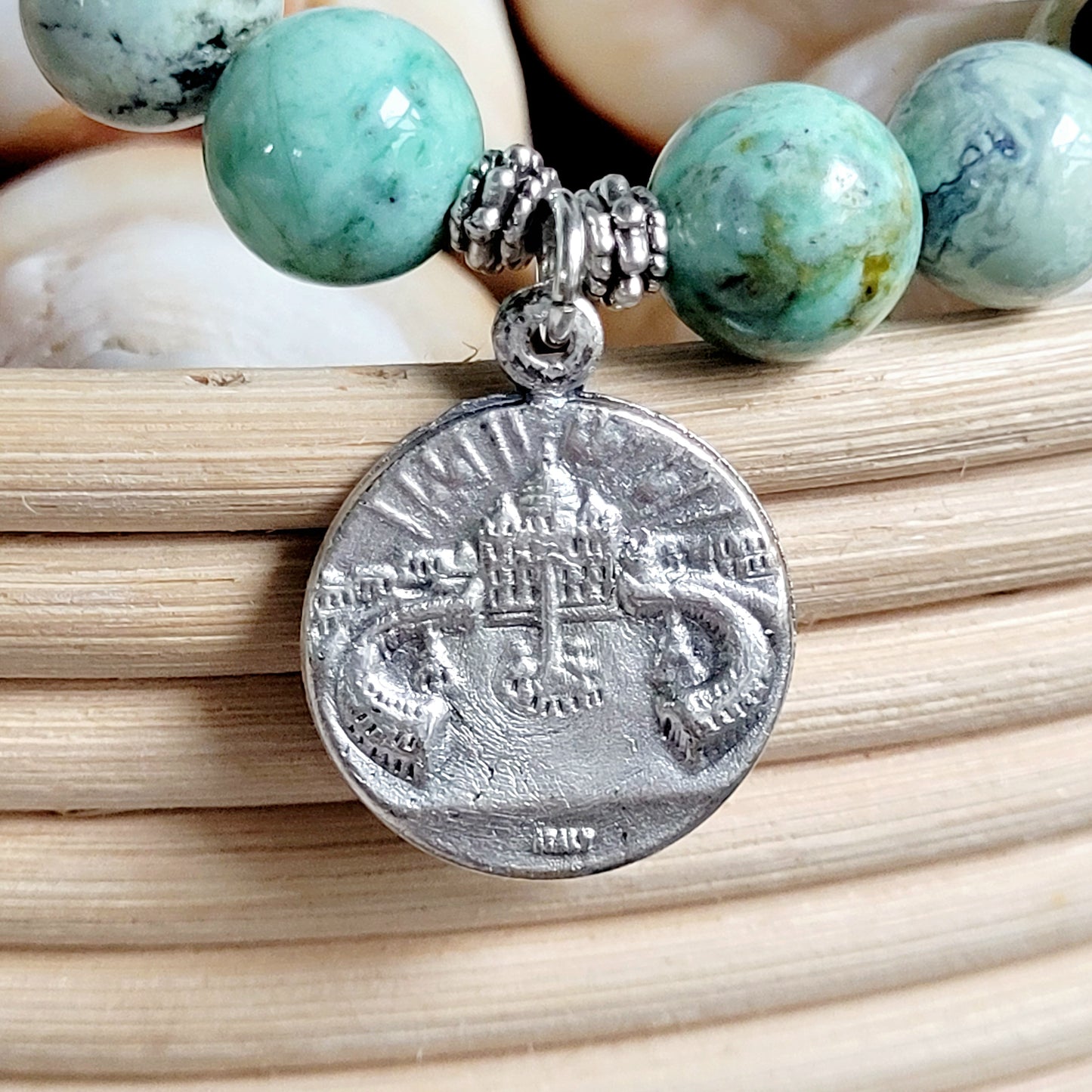 Grass Green Turquoise 10mm Beaded Bracelet w/ Silver Plated Medal of St. John Paul II