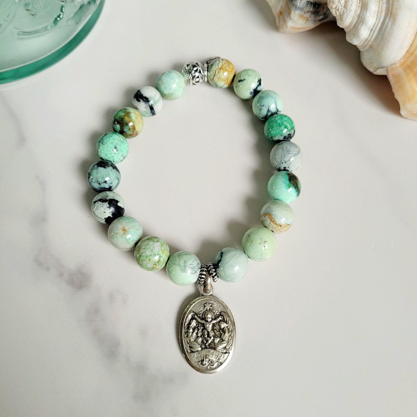 Grass Green Turquoise 10mm Beaded Bracelet w/ Heavy Silver Plated Medal of The Infant Jesus