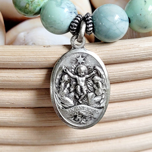 Grass Green Turquoise 10mm Beaded Bracelet w/ Heavy Silver Plated Medal of The Infant Jesus