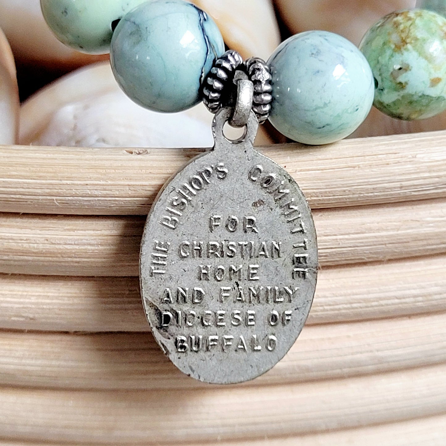 Grass Green Turquoise 10mm Beaded Bracelet w/ Heavy Silver Plated Medal of The Infant Jesus