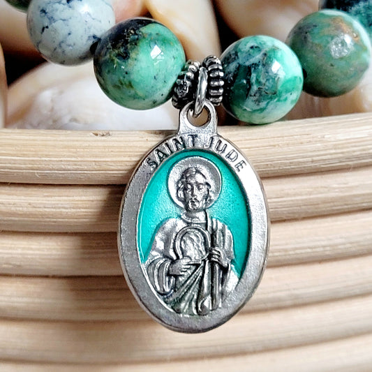 Grass Green Turquoise 10mm Beaded Bracelet w/ Green Enamel St. Jude Medal