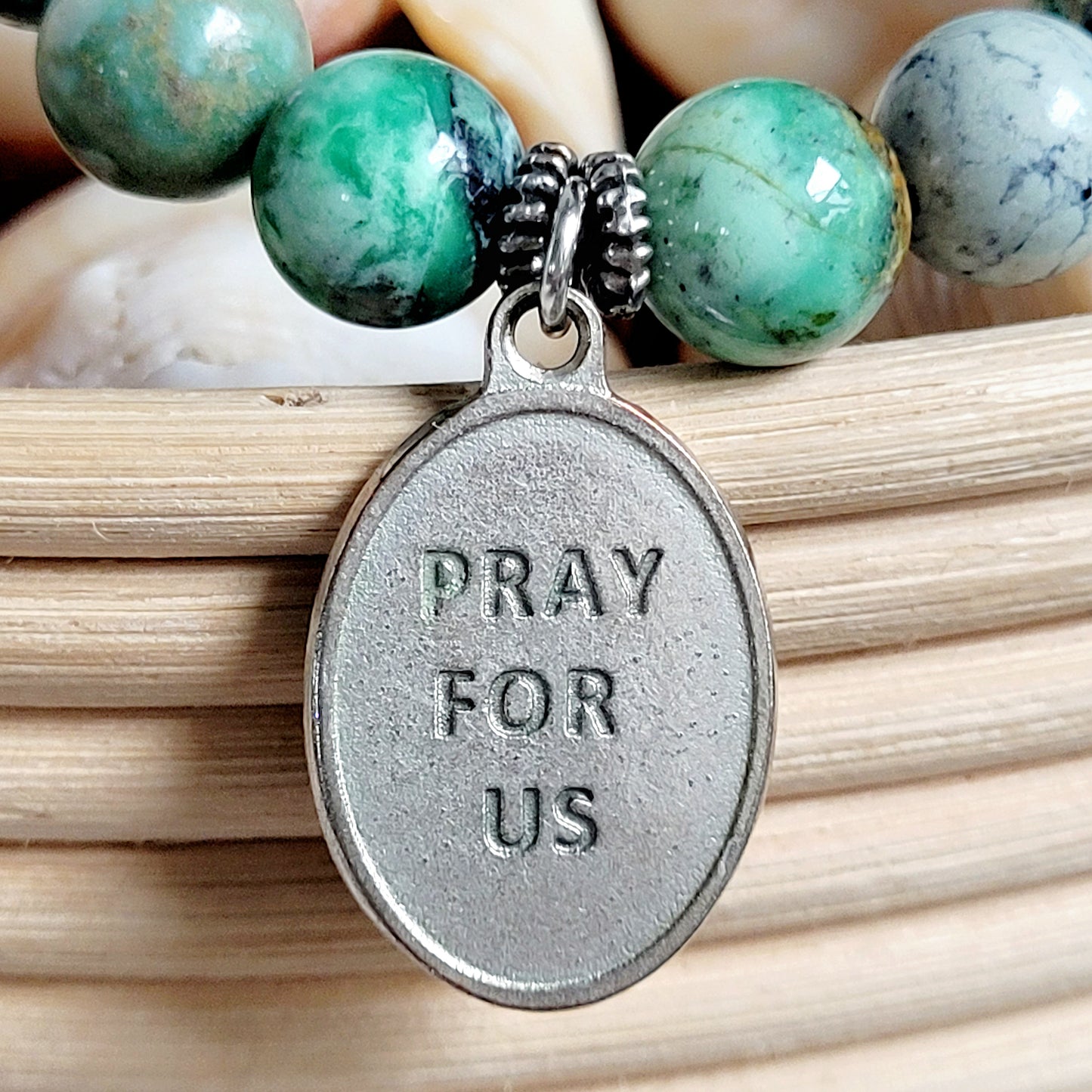 Grass Green Turquoise 10mm Beaded Bracelet w/ Green Enamel St. Jude Medal