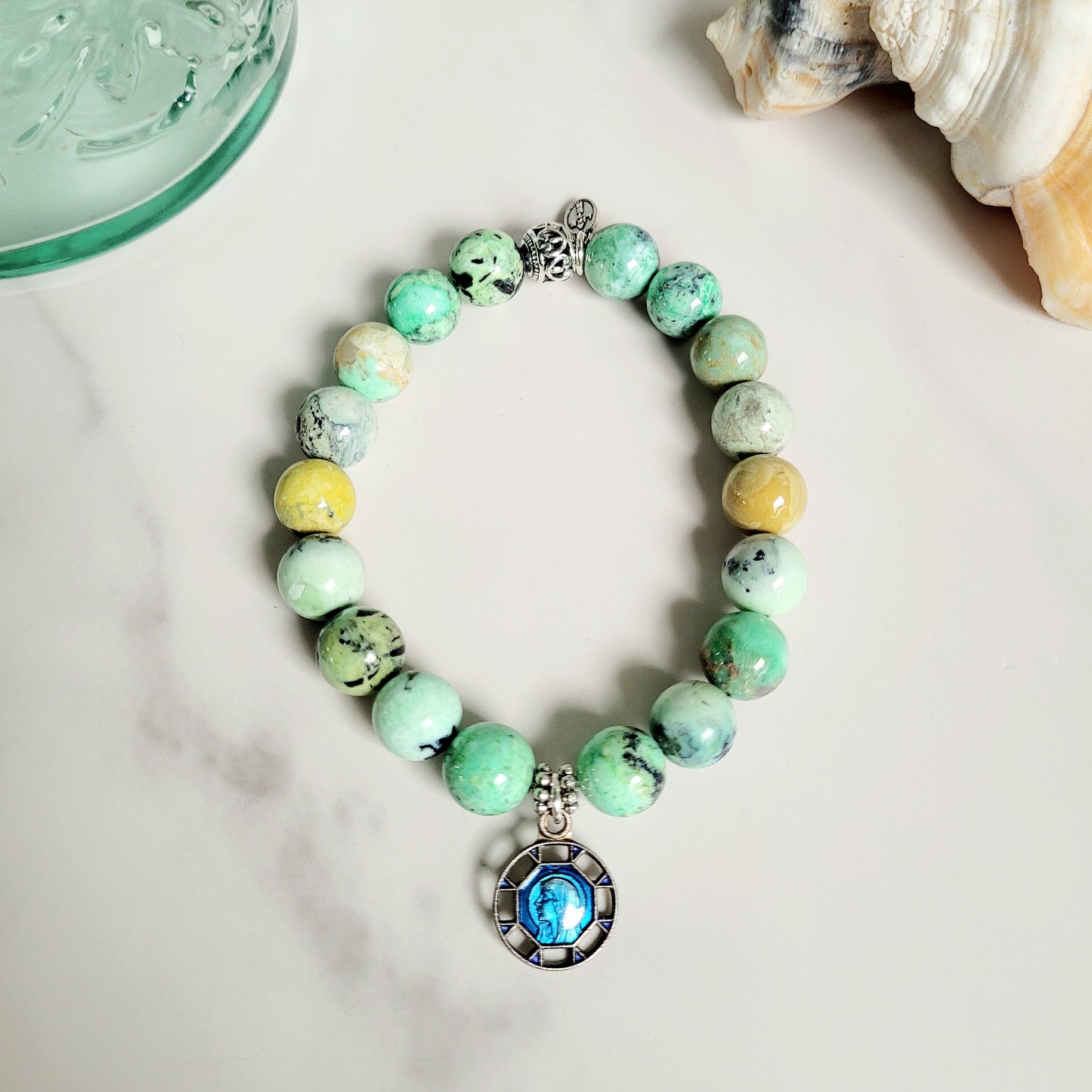 Grass Green Turquoise 10mm Beaded Bracelet w/ Art Deco Blue Enameled Silver Plated Medal of Our Lady of Lourdes from France