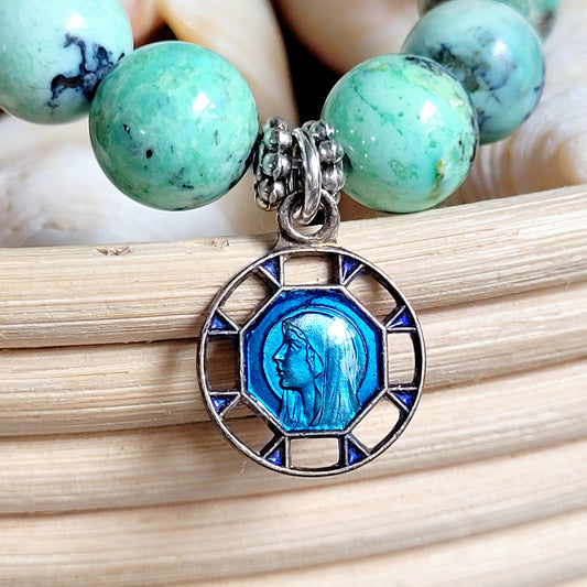 Grass Green Turquoise 10mm Beaded Bracelet w/ Art Deco Blue Enameled Silver Plated Medal of Our Lady of Lourdes from France