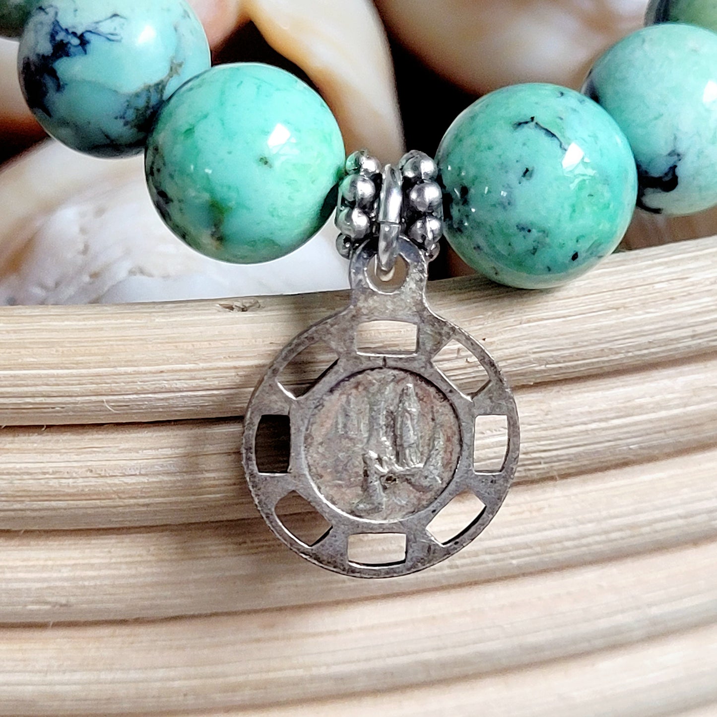 Grass Green Turquoise 10mm Beaded Bracelet w/ Art Deco Blue Enameled Silver Plated Medal of Our Lady of Lourdes from France