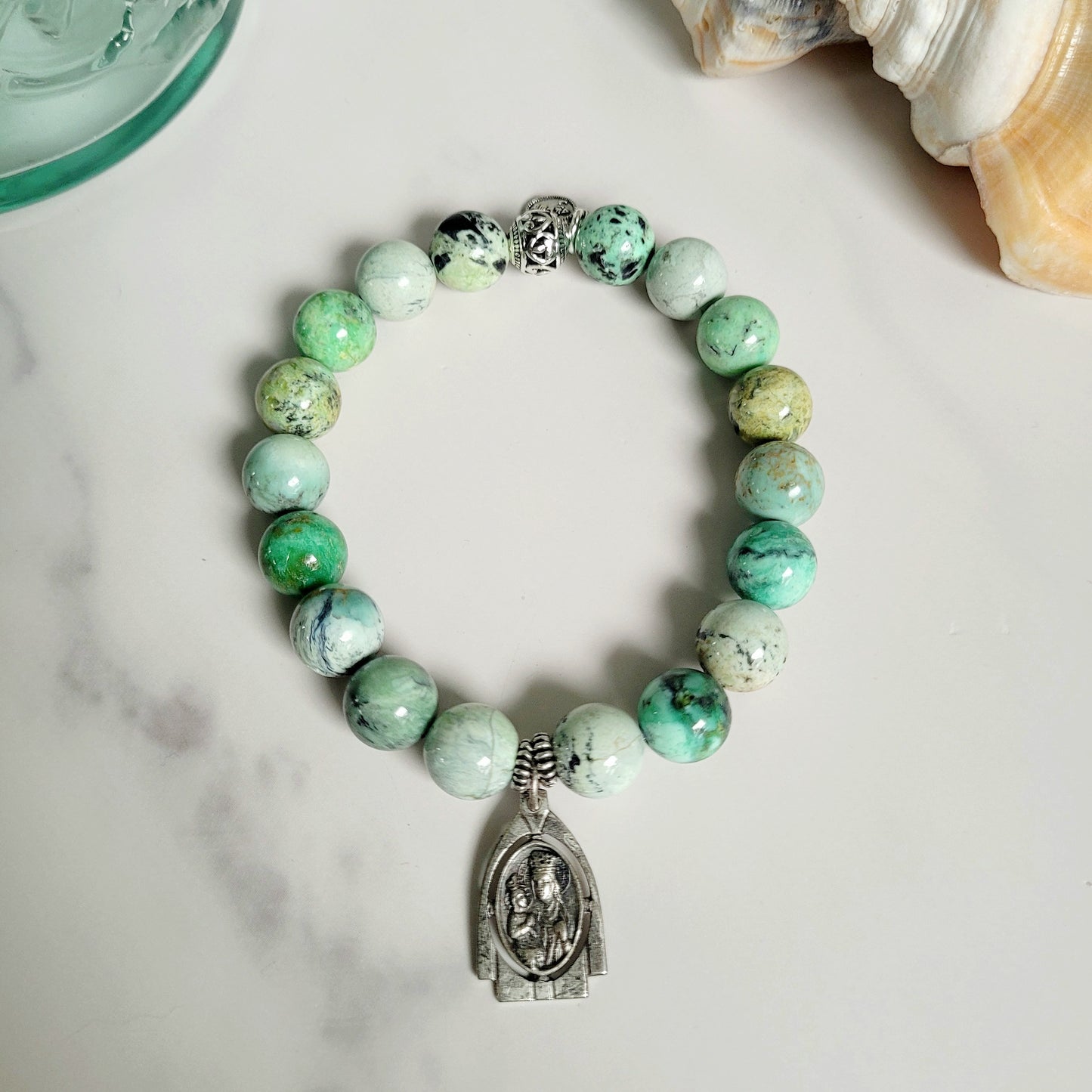 Grass Green Turquoise 10mm Beaded Bracelet w/ Art Deco Silver Plated Medal of St. Anne
