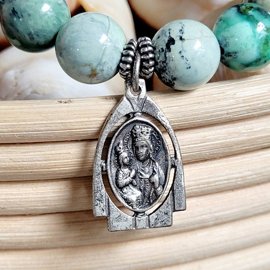 Grass Green Turquoise 10mm Beaded Bracelet w/ Art Deco Silver Plated Medal of St. Anne