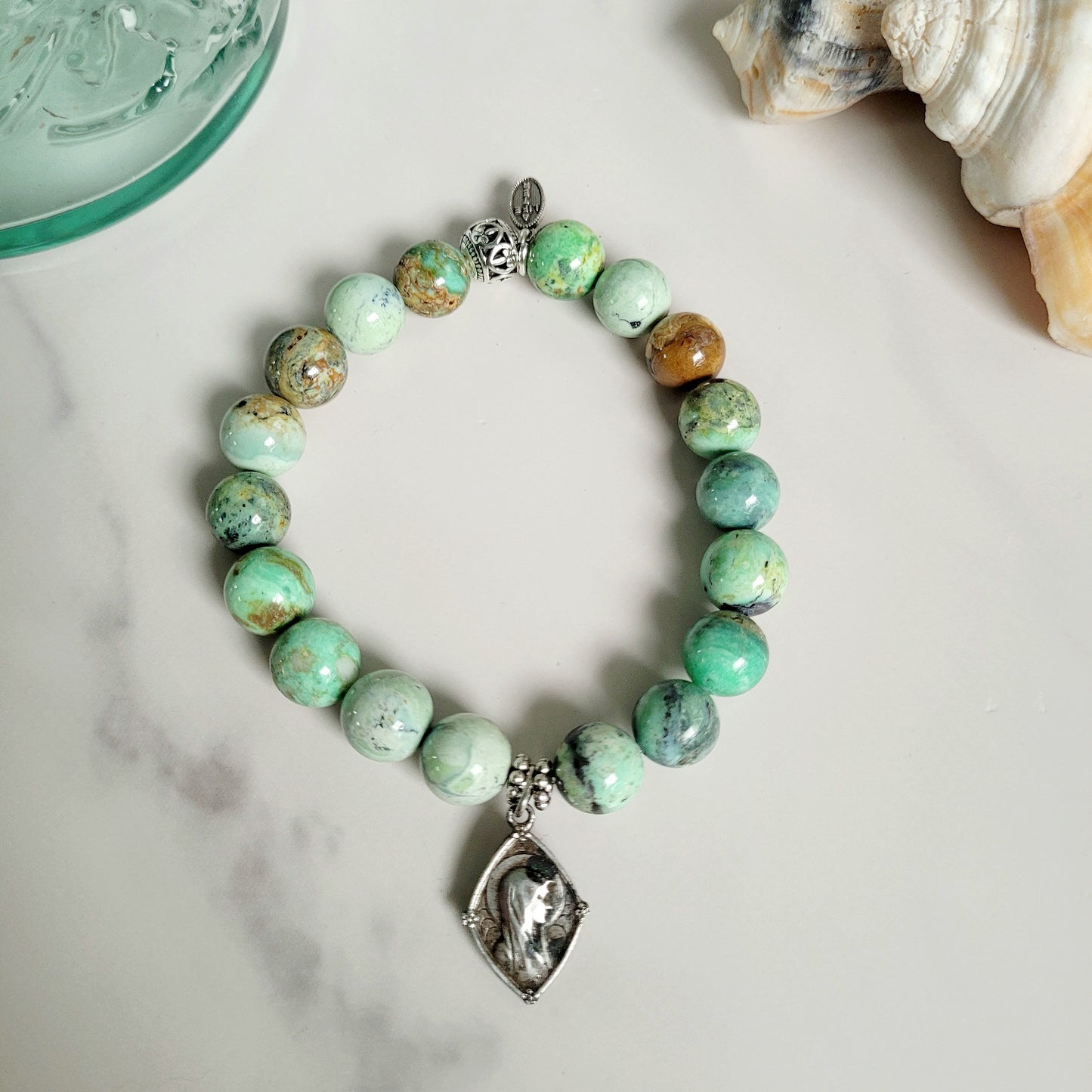 Grass Green Turquoise 10mm Beaded Bracelet w/ Silver Plated Art Deco Medal of Our Lady of Lourdes
