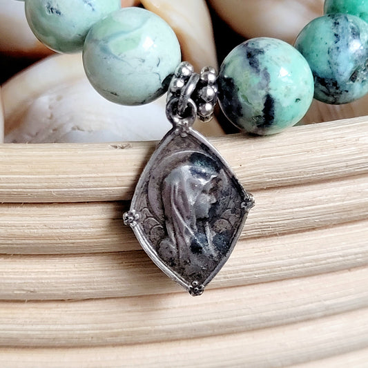 Grass Green Turquoise 10mm Beaded Bracelet w/ Silver Plated Art Deco Medal of Our Lady of Lourdes