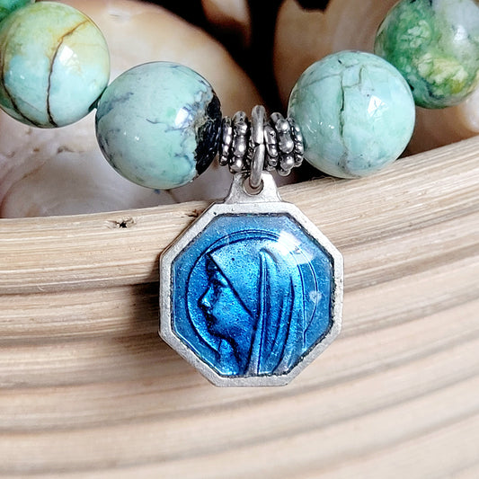 Grass Green Turquoise 10mm Beaded Bracelet w/ Silver Plated Blue Enameled Medal of Our Lady of Lourdes
