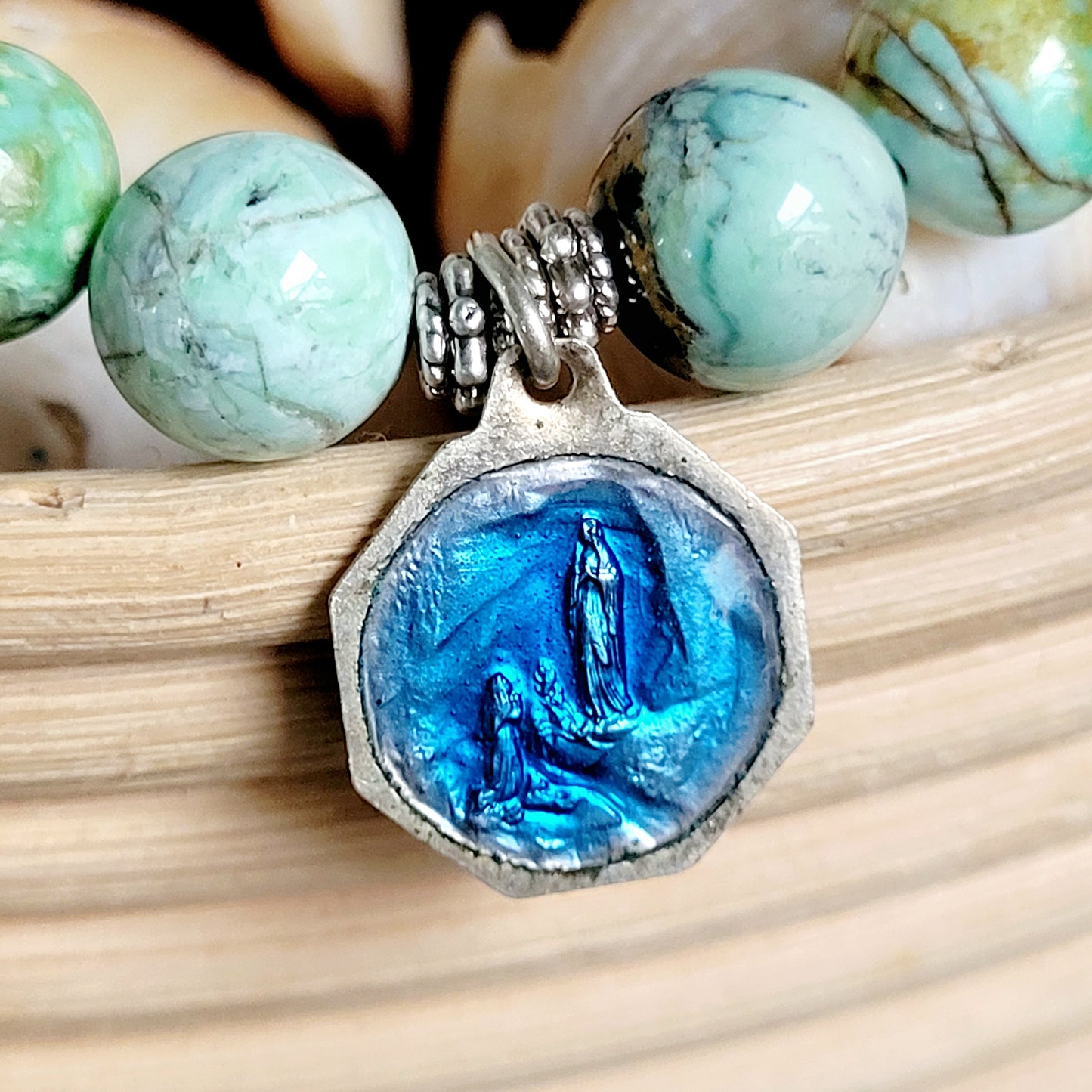 Grass Green Turquoise 10mm Beaded Bracelet w/ Silver Plated Blue Enameled Medal of Our Lady of Lourdes