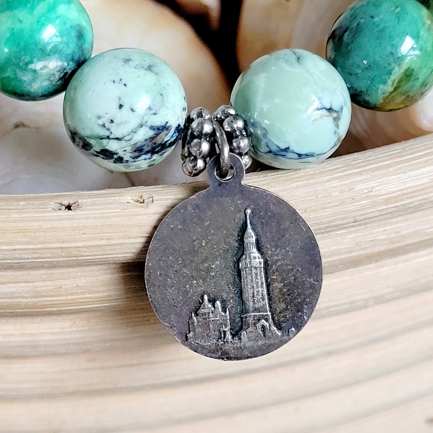 Grass Green Turquoise 10mm Beaded Bracelet w/ Signed Silver Plated Medal of Our Lady of Loreto