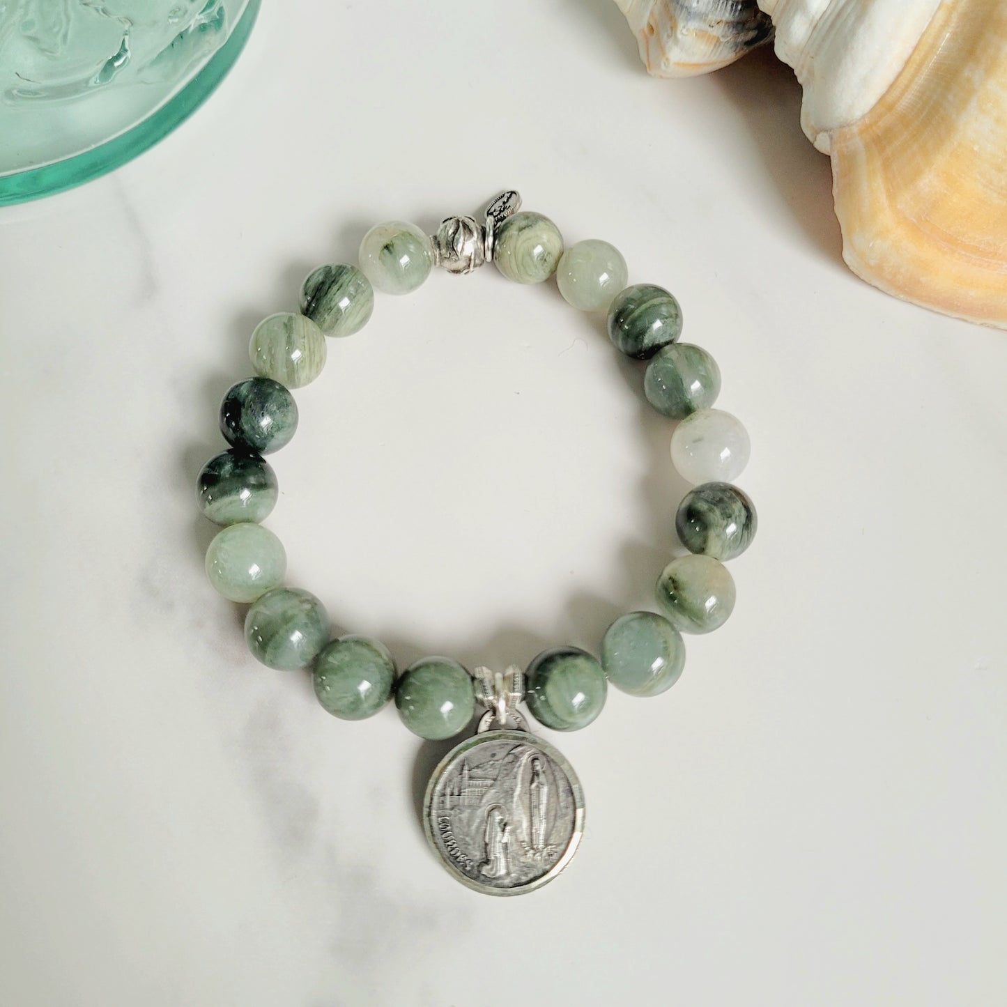 Burma Jade 10mm Beaded Bracelet w/ Silver Plated Medal of Lourdes, France Our Lady of Lourdes