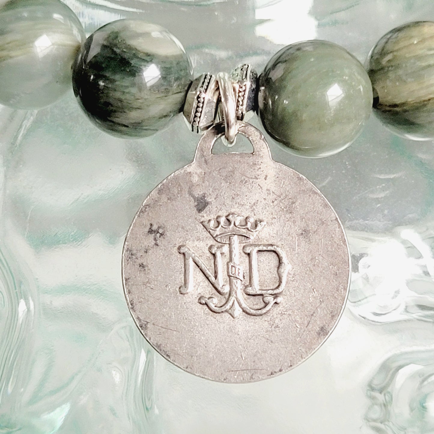 Burma Jade 10mm Beaded Bracelet w/ Silver Plated Medal of Lourdes, France Our Lady of Lourdes