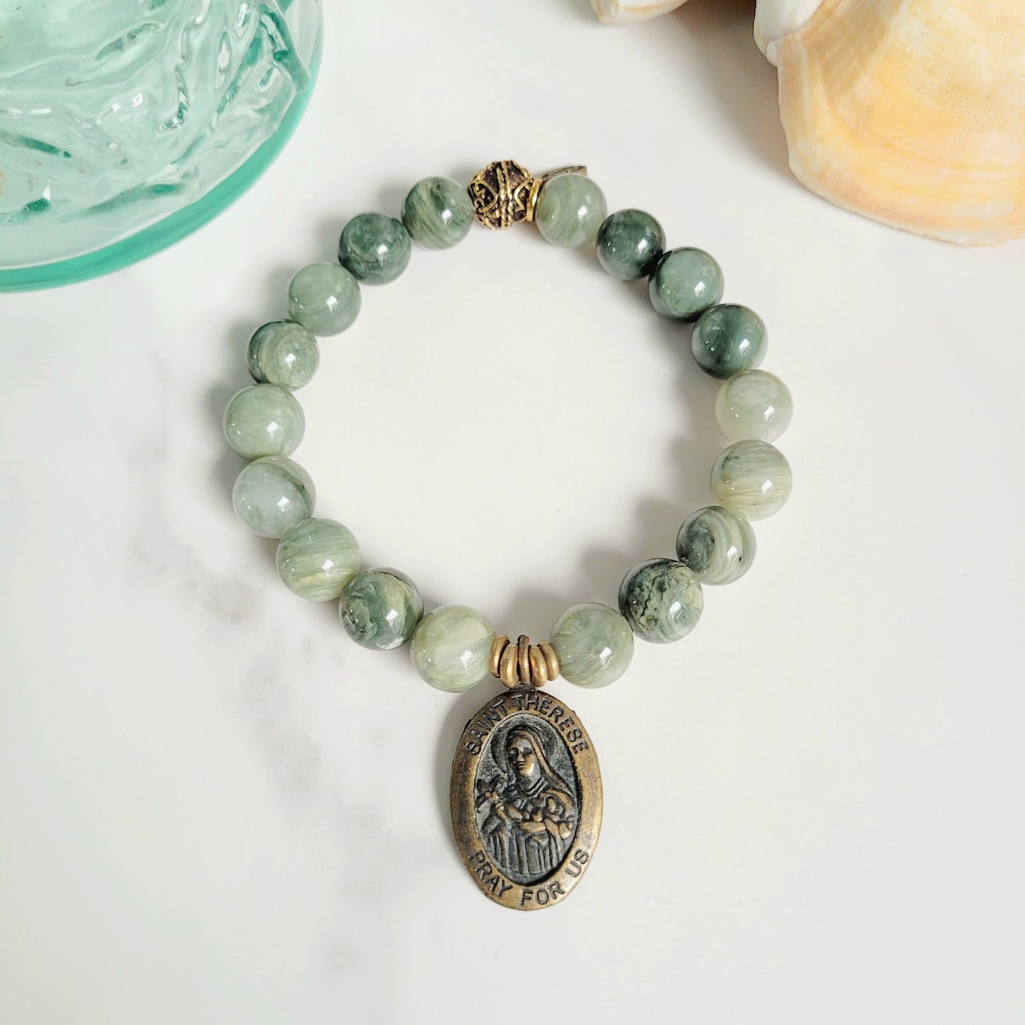 Burma Jade 10mm Beaded Bracelet w/ Vintage Bronze Medal of St. Therese of Liseaux