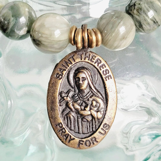 Burma Jade 10mm Beaded Bracelet w/ Vintage Bronze Medal of St. Therese of Liseaux