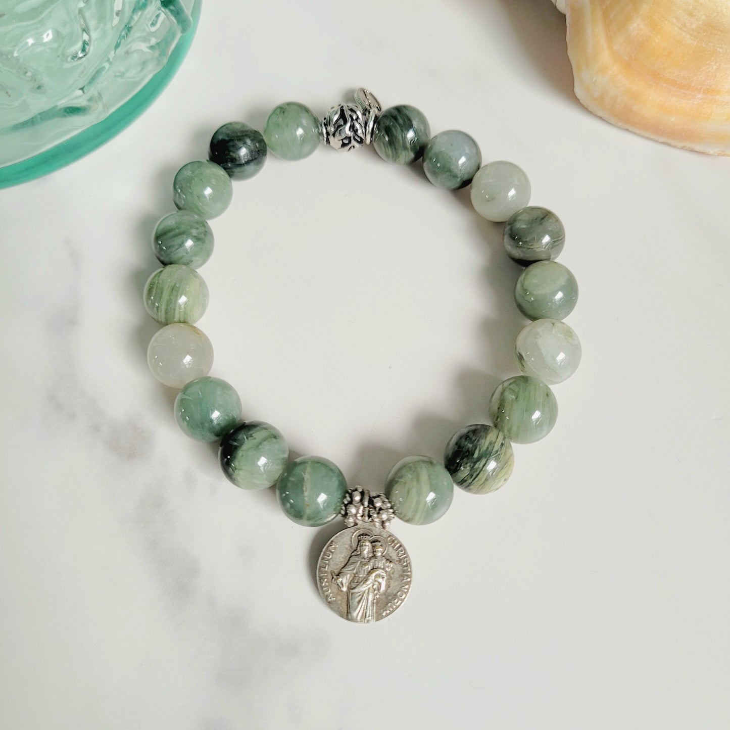 Burma Jade 10mm Beaded Bracelet w/ Silver Plated Medal of The Virgin Mary holding the Child Jesus