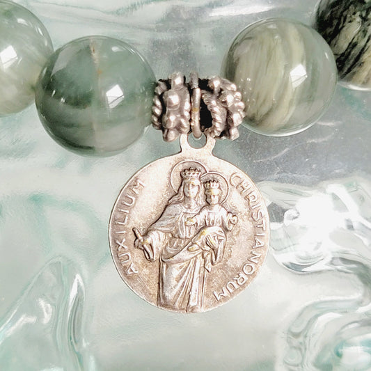 Burma Jade 10mm Beaded Bracelet w/ Silver Plated Medal of The Virgin Mary holding the Child Jesus