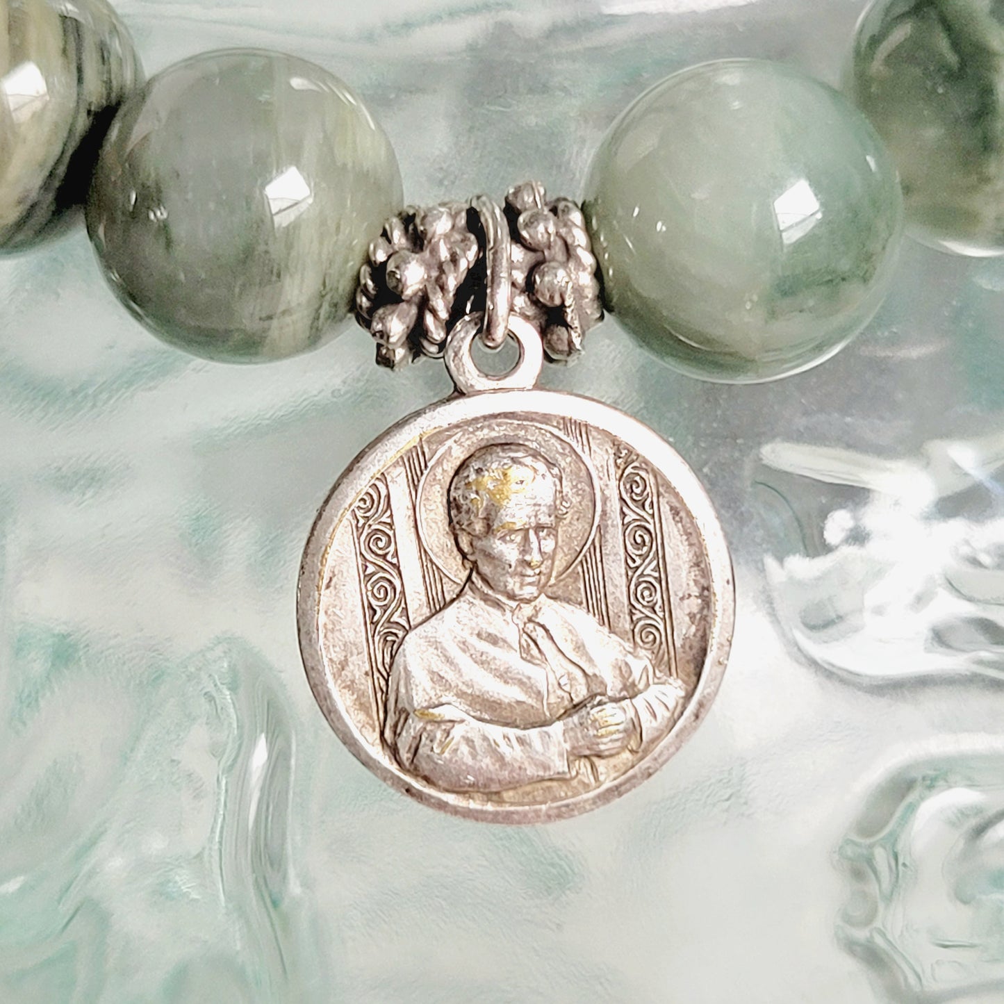 Burma Jade 10mm Beaded Bracelet w/ Silver Plated Medal of The Virgin Mary holding the Child Jesus