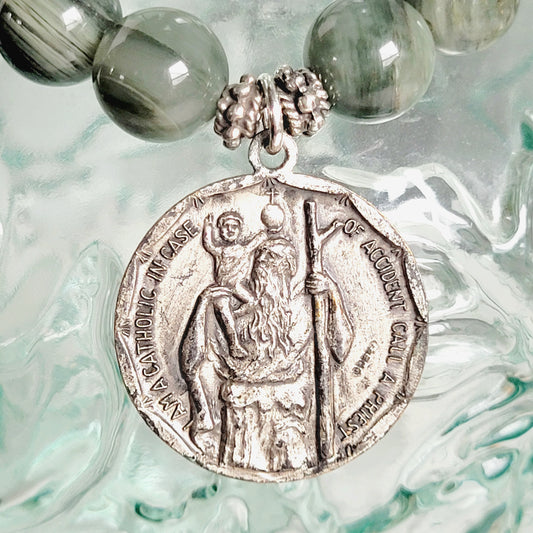 Burma Jade 10mm Beaded Bracelet w/ Vintage Signed Sterling Silver Medal of St. Christopher & St. Anthony