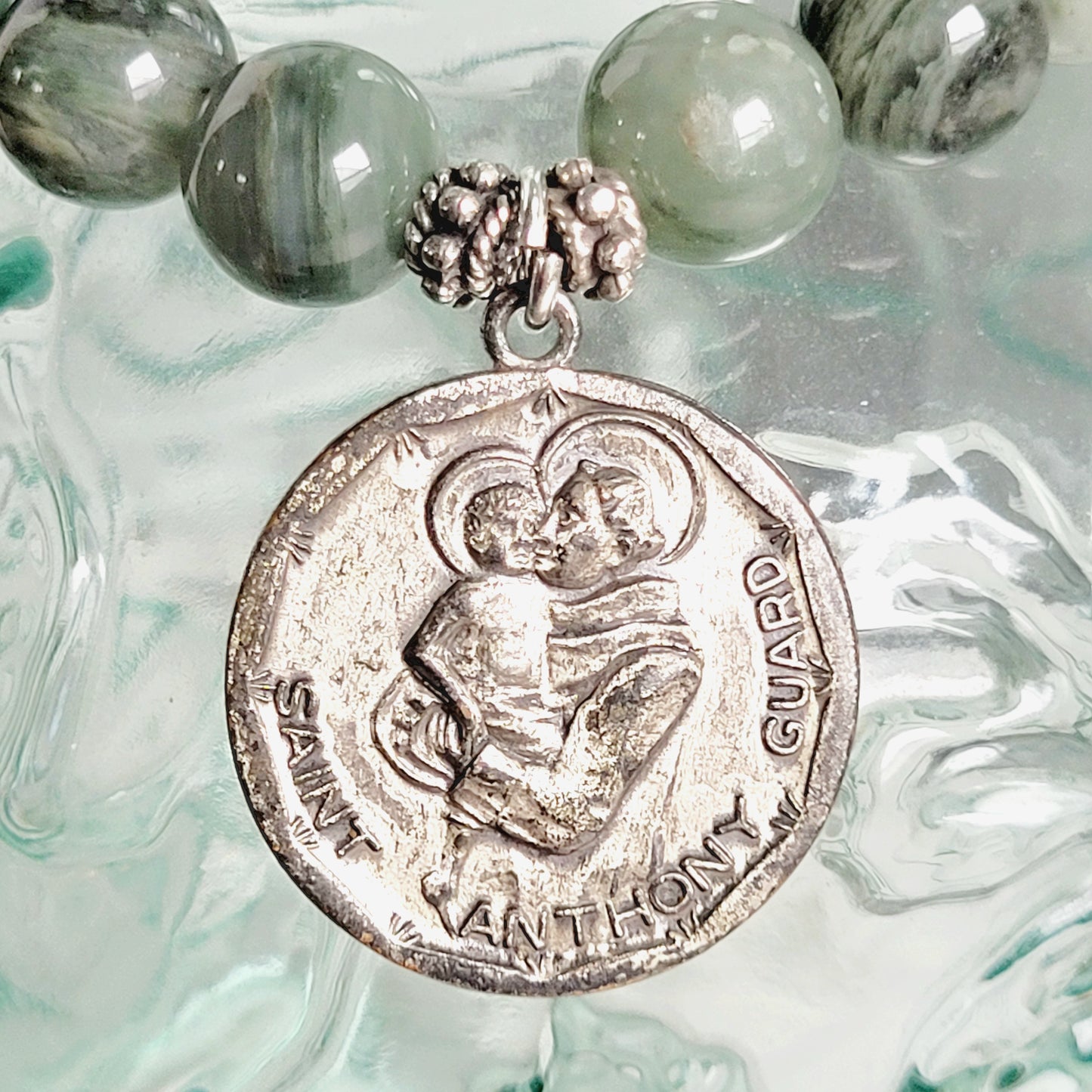 Burma Jade 10mm Beaded Bracelet w/ Vintage Signed Sterling Silver Medal of St. Christopher & St. Anthony