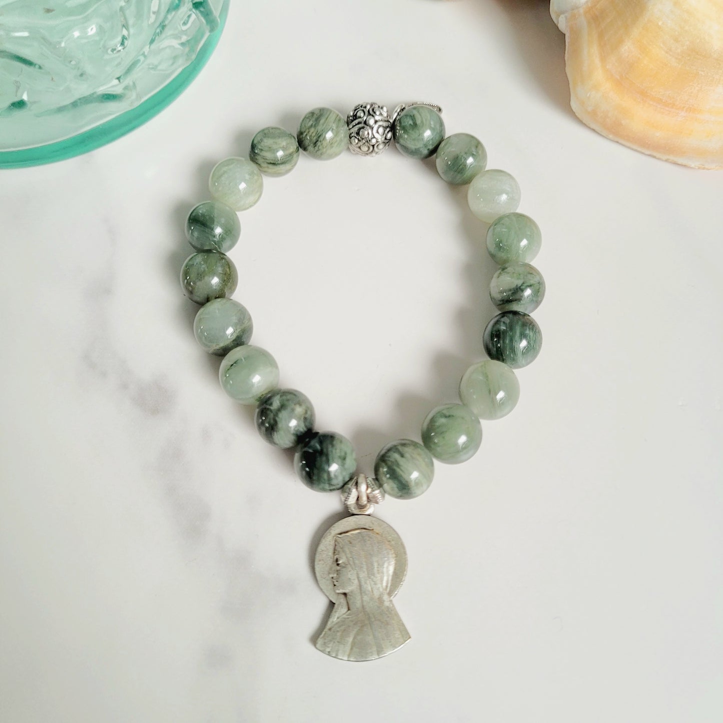 Burma Jade 10mm Beaded Bracelet w/ Signed Silver Plated Medal of Our Lady of Lourdes