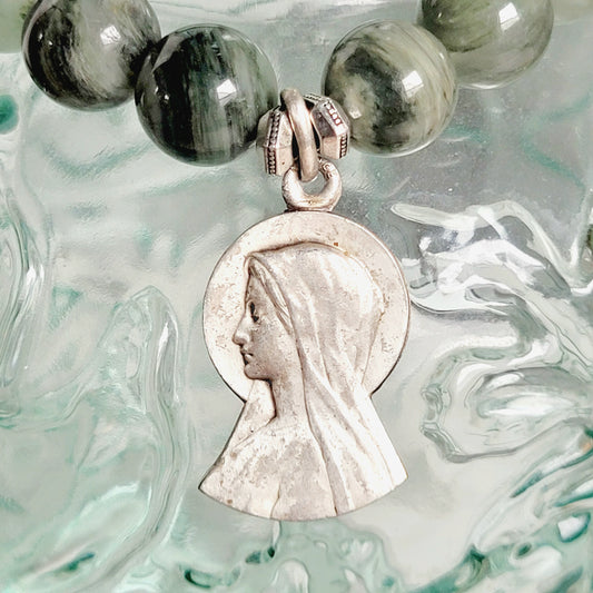 Burma Jade 10mm Beaded Bracelet w/ Signed Silver Plated Medal of Our Lady of Lourdes