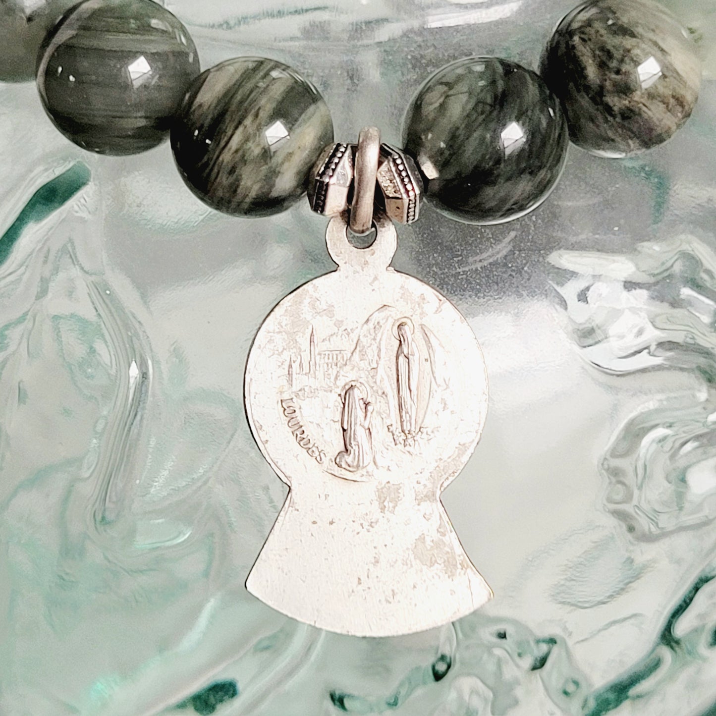 Burma Jade 10mm Beaded Bracelet w/ Signed Silver Plated Medal of Our Lady of Lourdes