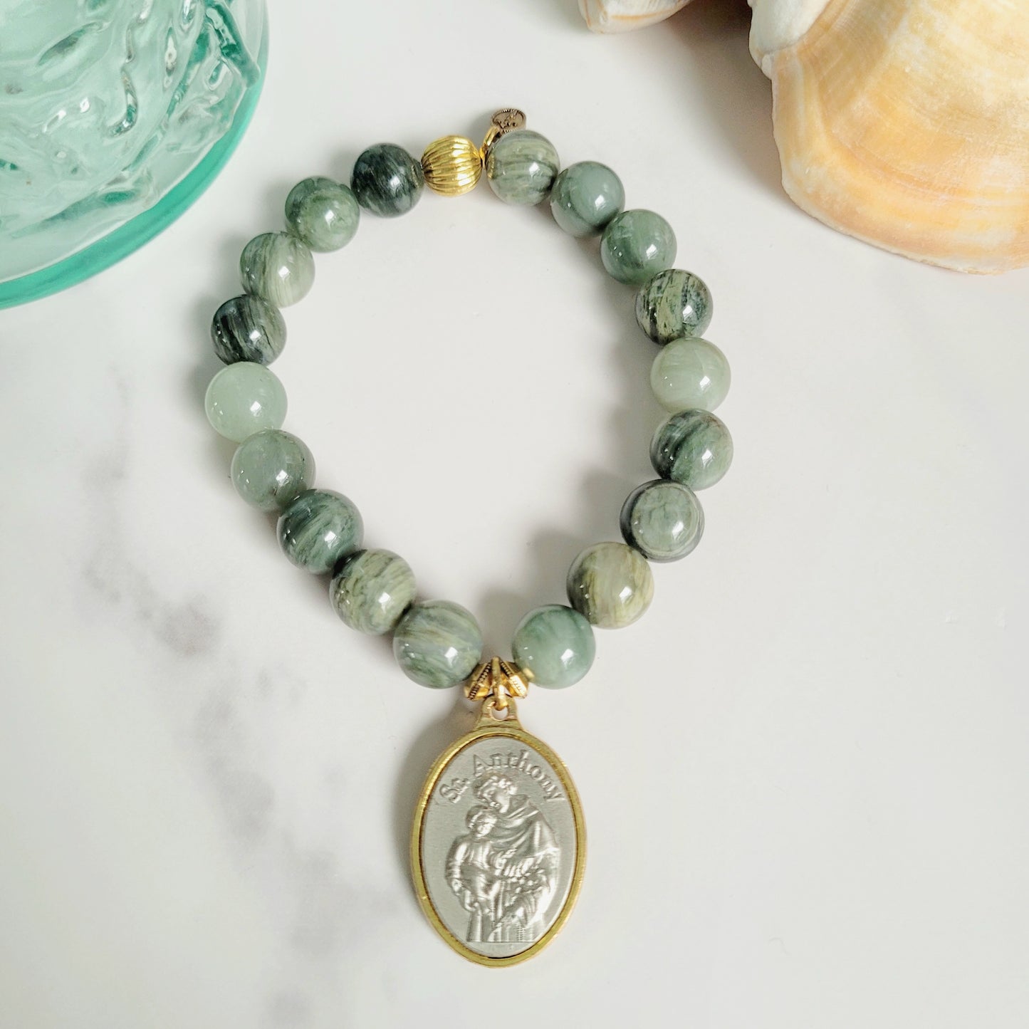 Burma Jade 10mm Beaded Bracelet w/ Vintage Silver Medal of St. Anthony of Padua