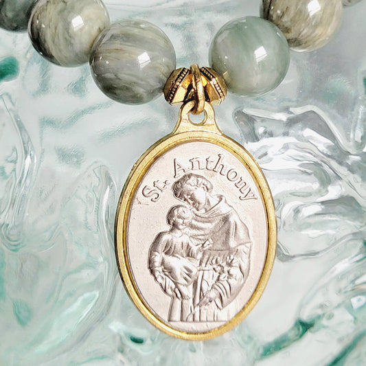 Burma Jade 10mm Beaded Bracelet w/ Vintage Silver Medal of St. Anthony of Padua