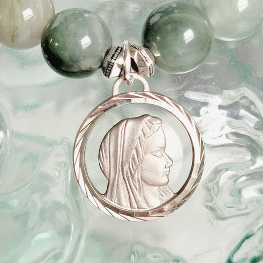 Burma Jade 10mm Beaded Bracelet w/ Vintage Silver Plated Medal of Our Lady of Lourdes