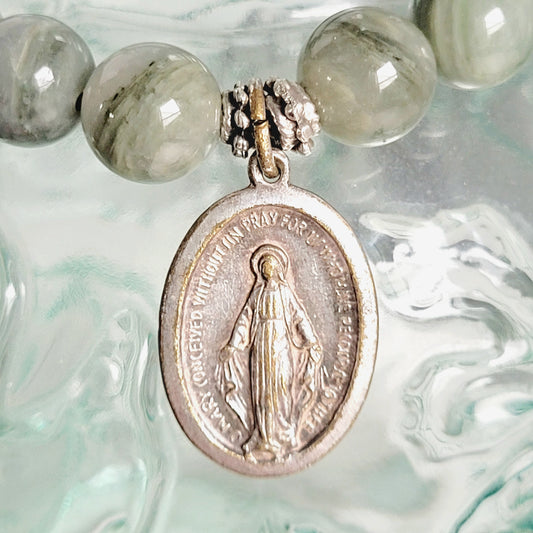 Burma Jade 10mm Beaded Bracelet w/ Vintage Silver over Bronze Miraculous Medal of Mary