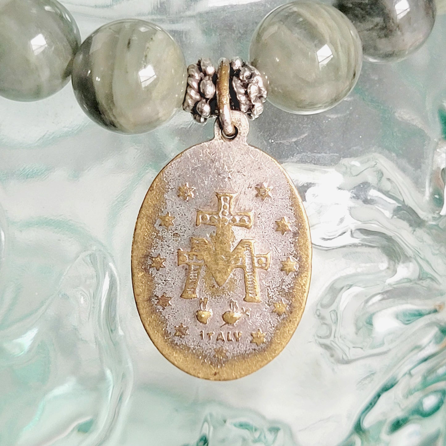 Burma Jade 10mm Beaded Bracelet w/ Vintage Silver over Bronze Miraculous Medal of Mary