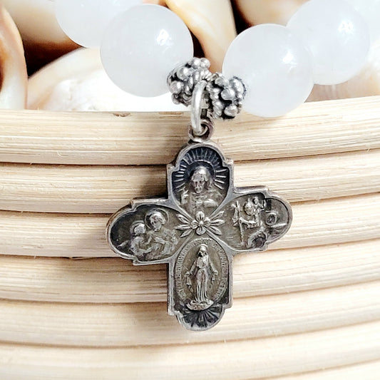 White Jade 10mm Beaded Bracelet w/ Silver Plated Vintage Four Way Cross