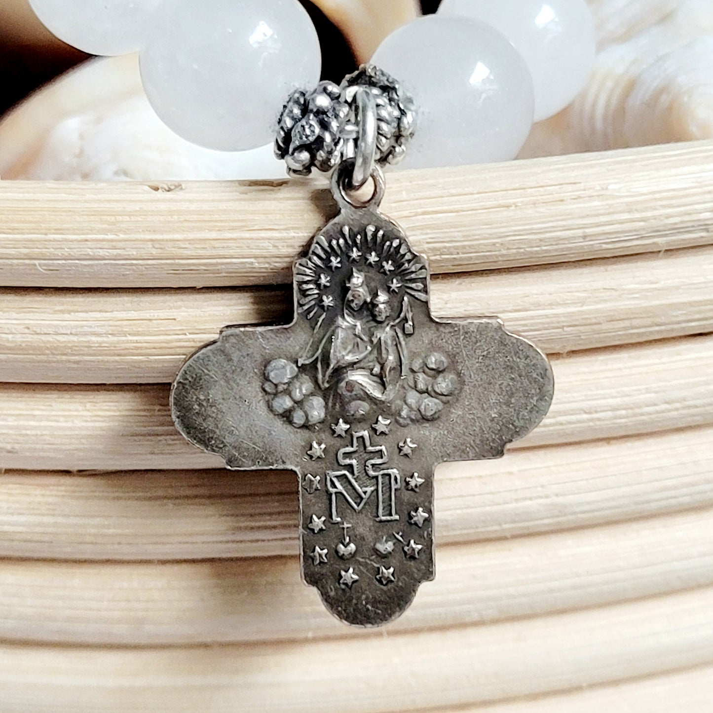 White Jade 10mm Beaded Bracelet w/ Silver Plated Vintage Four Way Cross