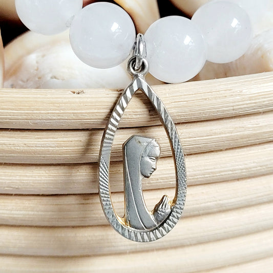 White Jade 10mm Beaded Bracelet w/ Silver Plated Open Work Image of Our Lady of Lourdes