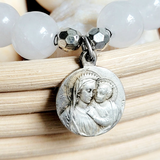 White Jade 10mm Beaded Bracelet w/ Silver Plated Signed Medal of Our Lady of Good Counsel