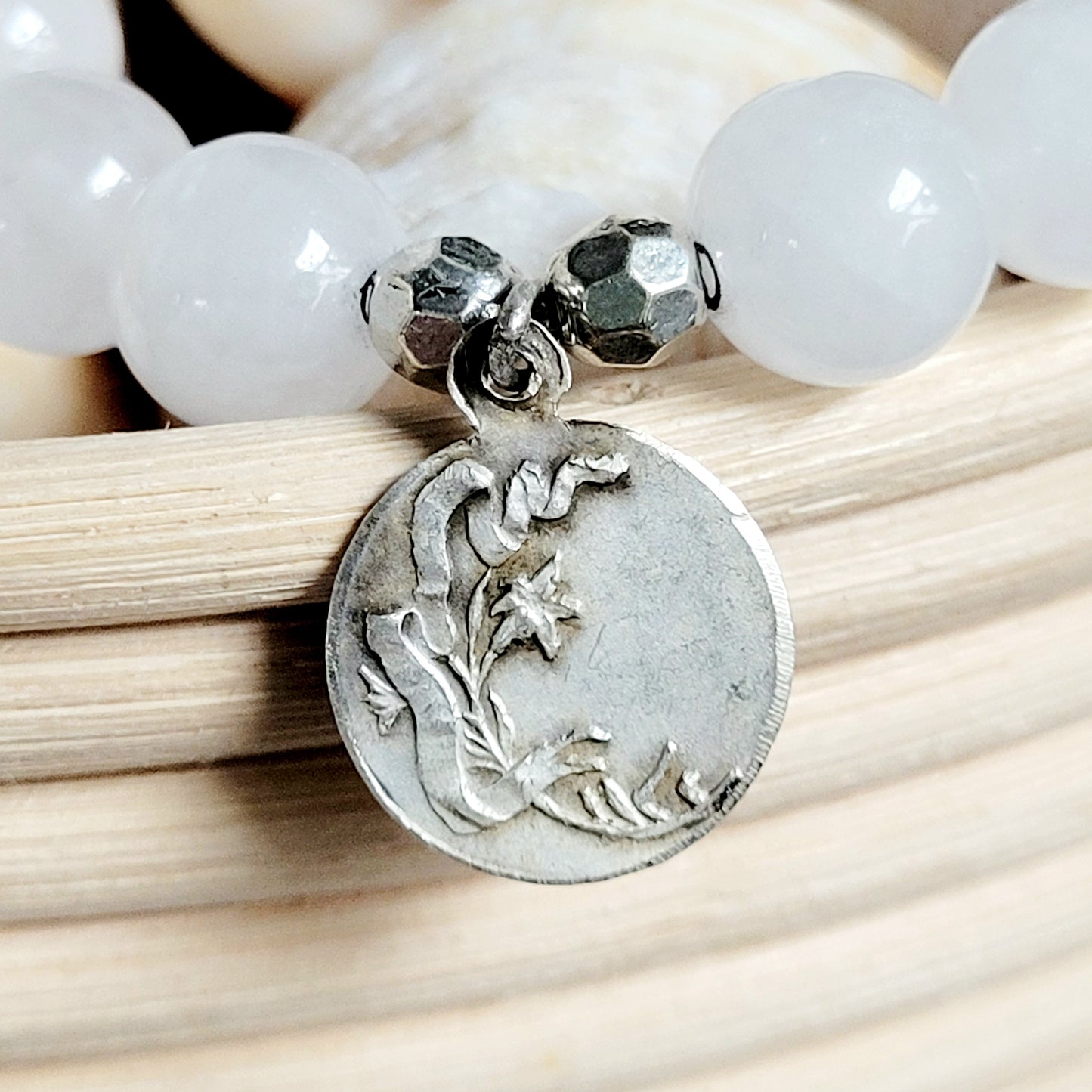 White Jade 10mm Beaded Bracelet w/ Silver Plated Signed Medal of Our Lady of Good Counsel