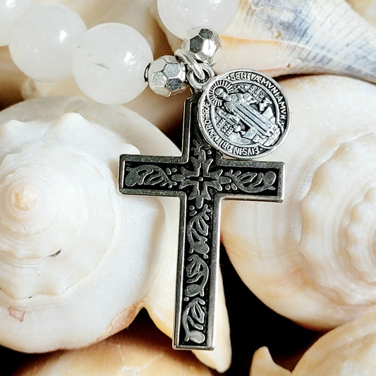 White Jade 10mm Beaded Bracelet w/ Deeply Embossed Silver Cross with St. Benedict Medal