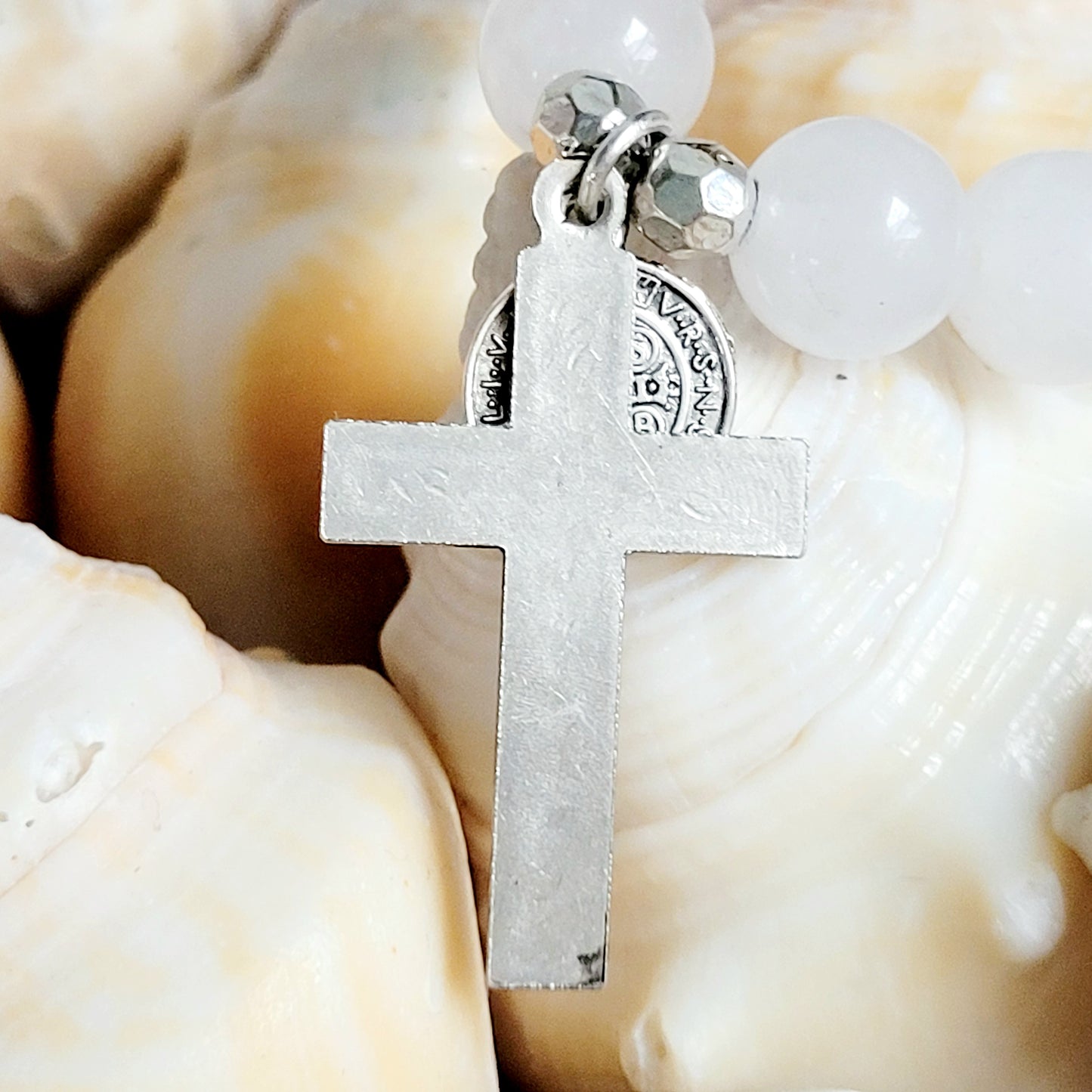 White Jade 10mm Beaded Bracelet w/ Deeply Embossed Silver Cross with St. Benedict Medal